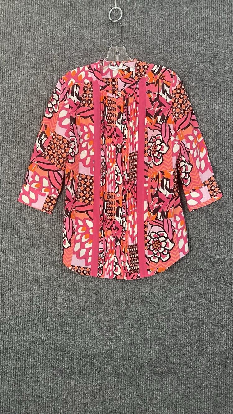 Isaac Mizrahi Live Blouse Womens Small Pink Orange Bohemian Button Front Office